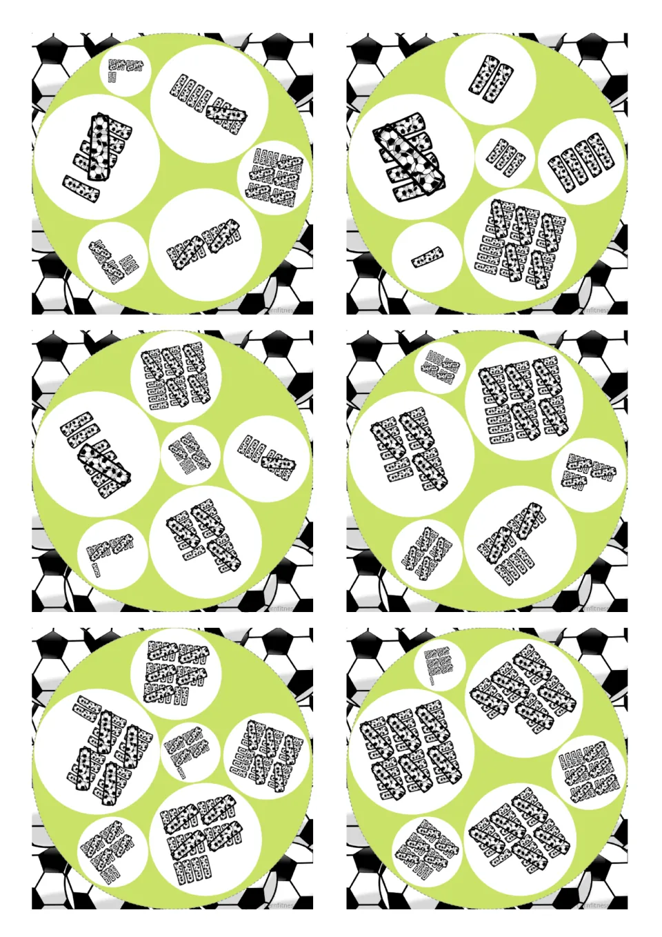 Soccer tally cards 1 to 6, square version: each card shows six tally-mark groups for players to spot the one shared count