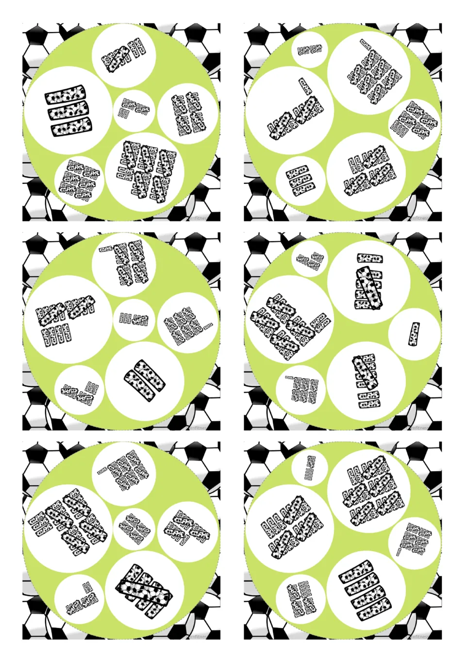 Soccer tally cards 7 to 12, square version: six tally-mark groups per card for matching counts between any two cards