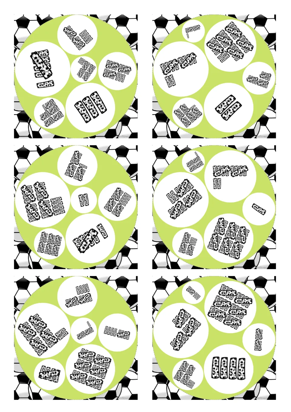 Soccer tally cards 13 to 18, square version: players compare tally groups and call out the count both cards share