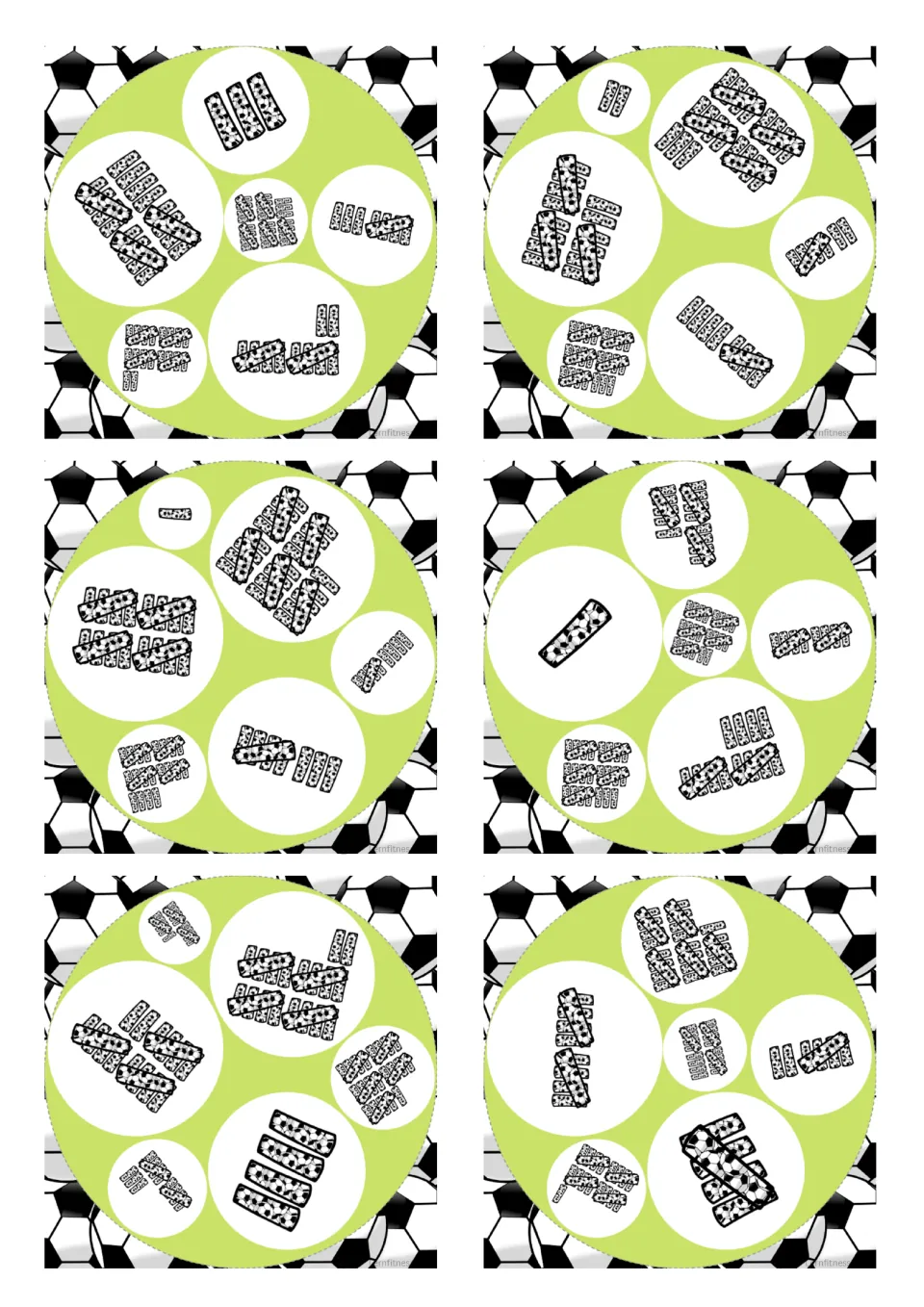 Soccer tally cards 19 to 24, square version: tally groups from single marks to large bundled counts to read and compare