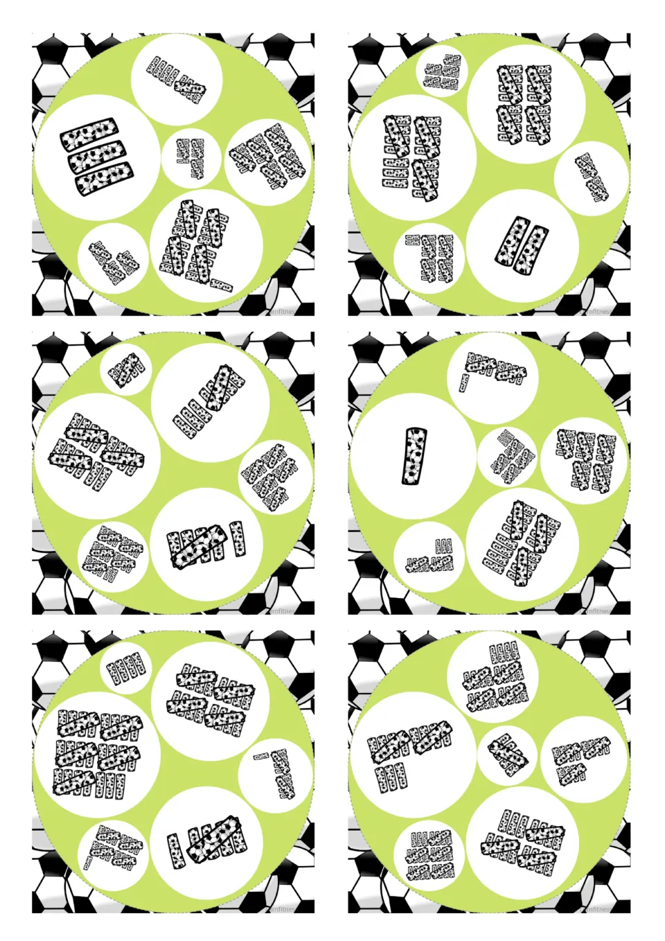 Soccer tally cards 25 to 30, square version: six tally-mark counts per card for finding the matching pair in play