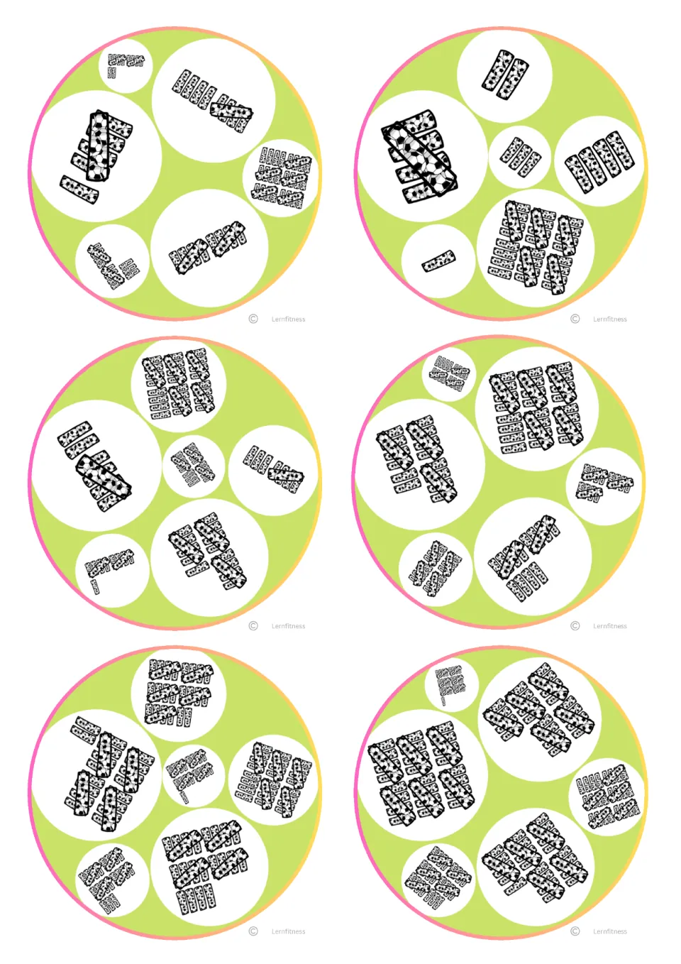 Circular version of tally cards 1 to 6 with pink-orange rim: six tally-mark groups per card for spotting the shared count