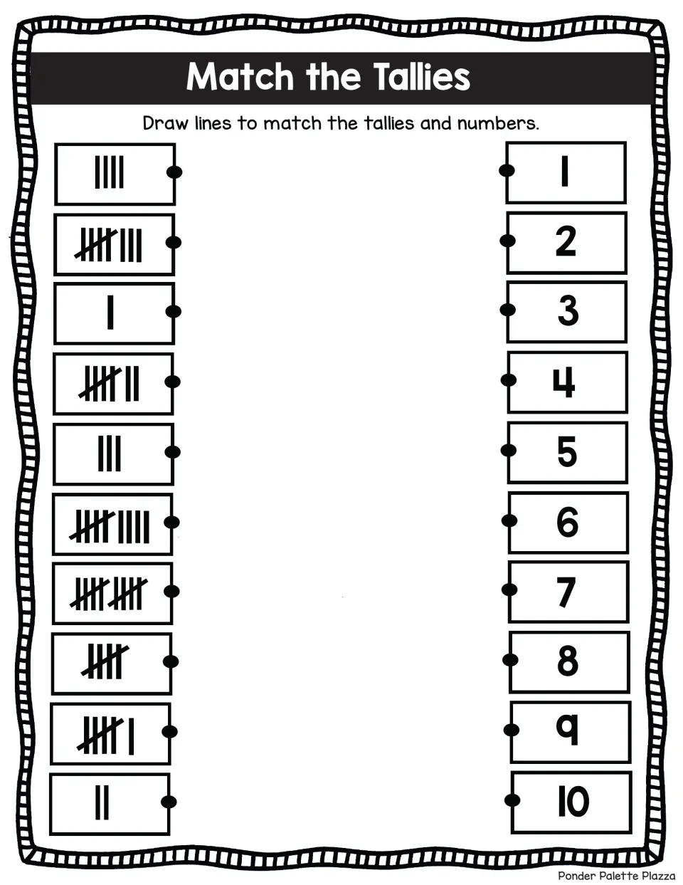Match the Tallies: students draw lines from 10 tally-mark sets to numerals 1 to 10; tallies run 4, 8, 1, 7, 3, 9, 10