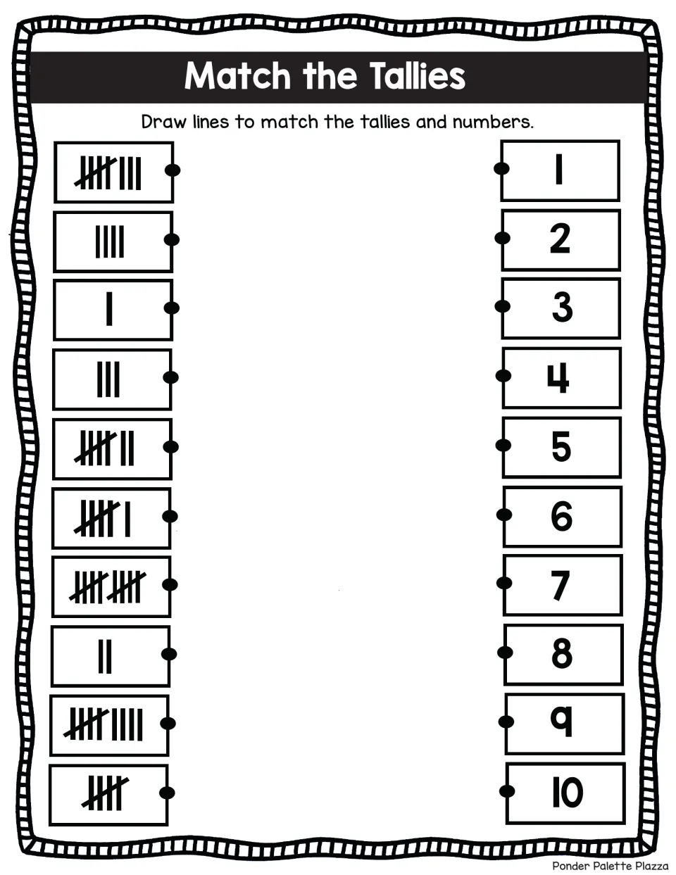 Tally matching to 10: students connect each tally set to its numeral 1 to 10, with tallies ordered 8, 4, 1, 3, 7, 6, 10