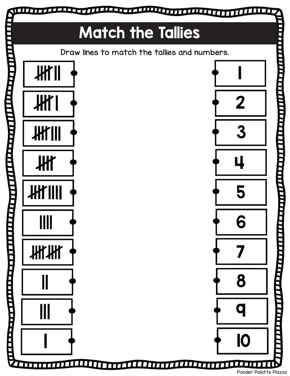 Counting tally marks: students draw a line from each tally group to the matching numeral 1 to 10; tallies begin 7, 6, 8, 5