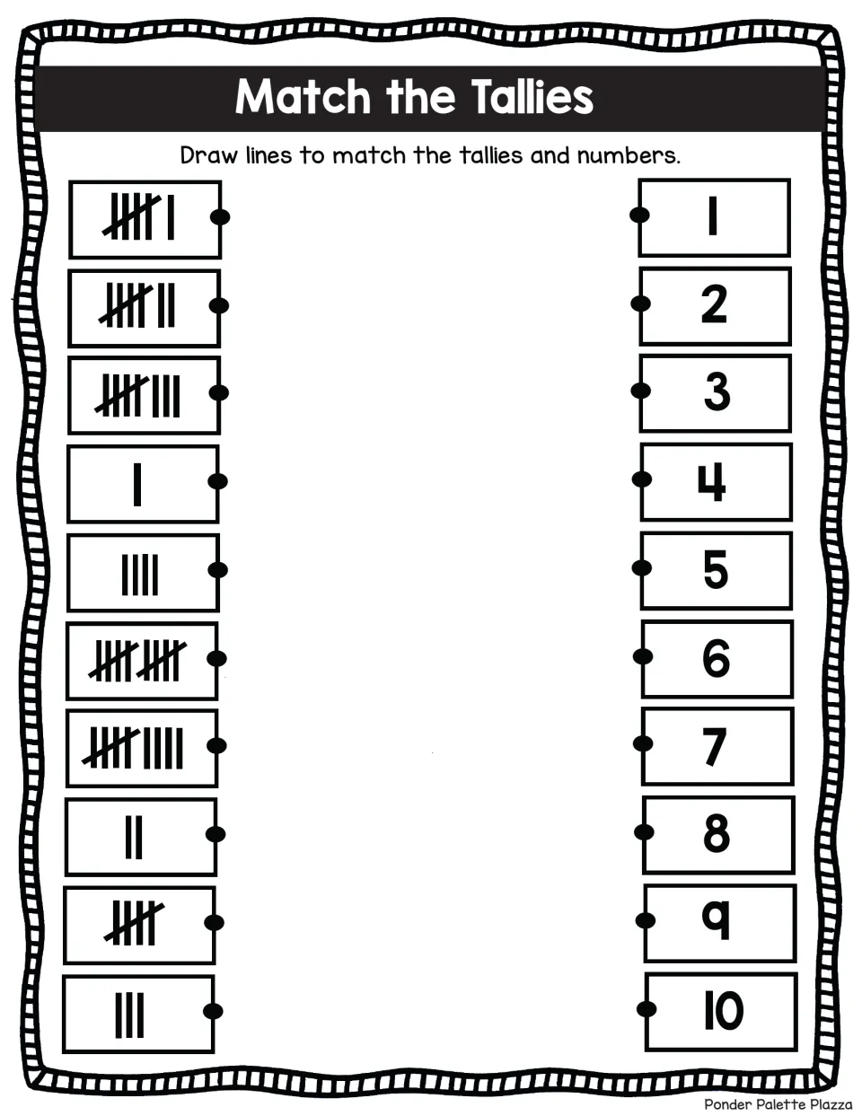 Tally-to-numeral matching: students link 10 mixed tally sets to the numbers 1 to 10, with tallies starting 6, 7, 8, 1, 4