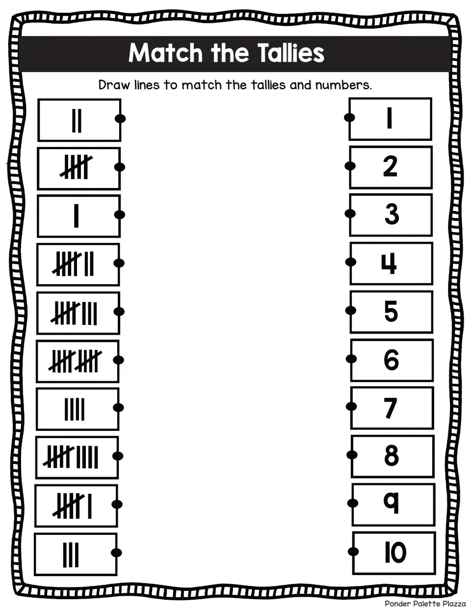 Reading tally marks 1 to 10: students match each tally set to its numeral by drawing lines; tallies ordered 2, 5, 1, 7, 8