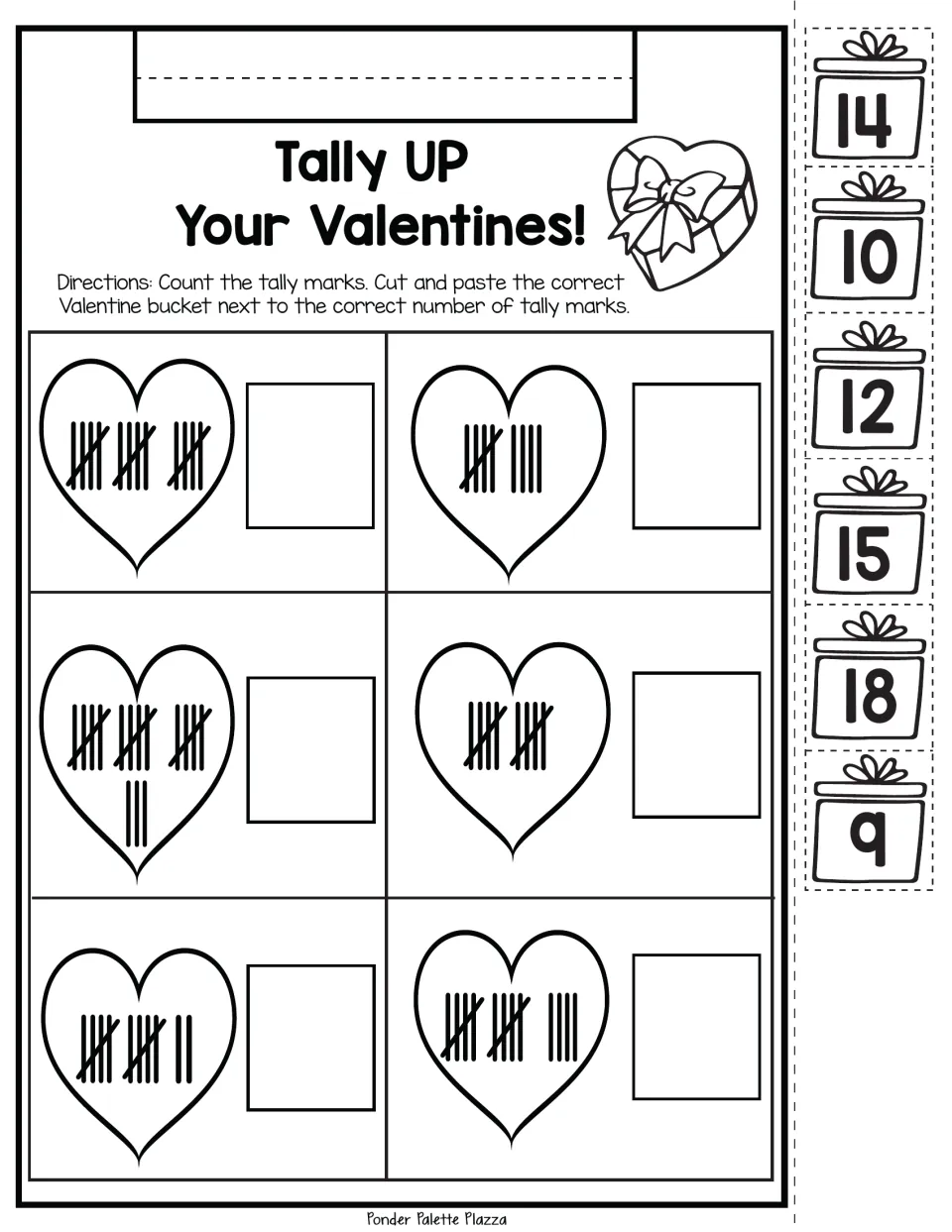 Tally mark matching activity: count six sets and paste the numbered buckets for 15, 9, 18, 10, 12, and 14.