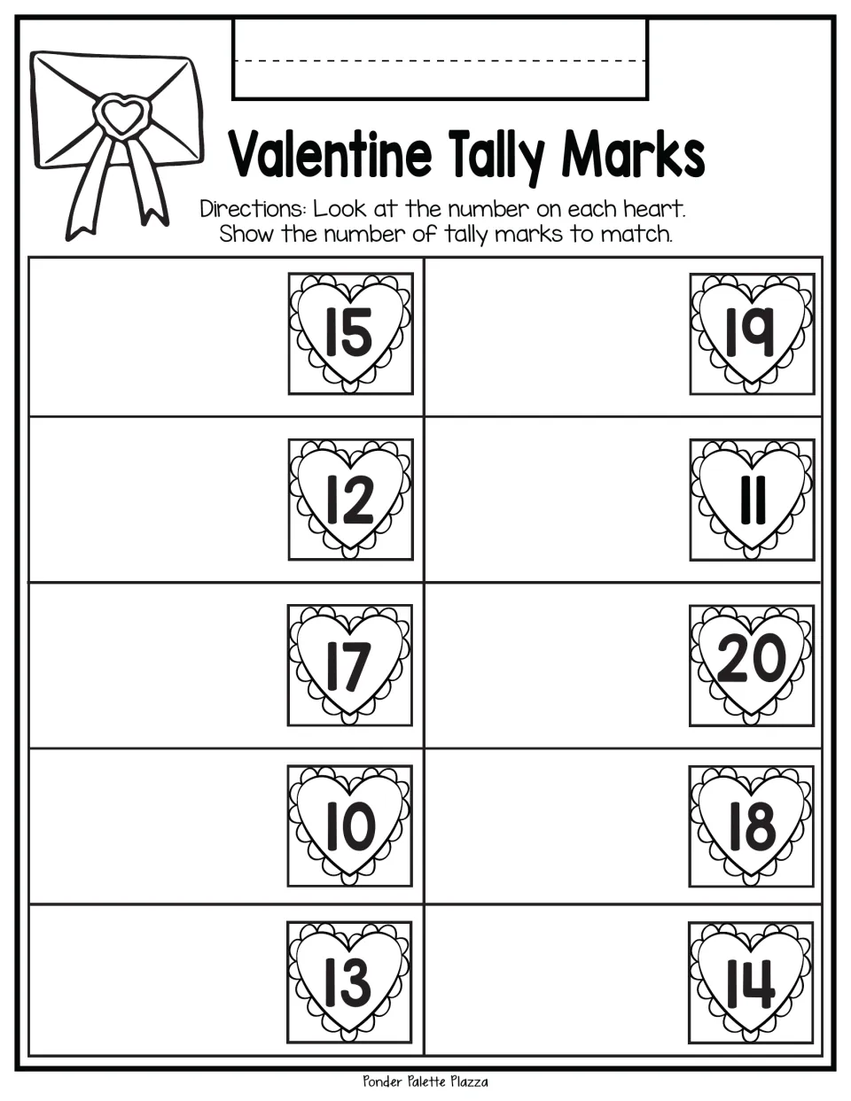 Tally drawing practice: show tally marks for the numbers 15, 19, 12, 11, 17, 20, 10, 18, 13, and 14.