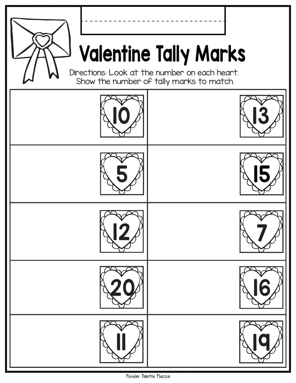 Tally drawing practice: show tally marks for the numbers 10, 13, 5, 15, 12, 7, 20, 16, 11, and 19.