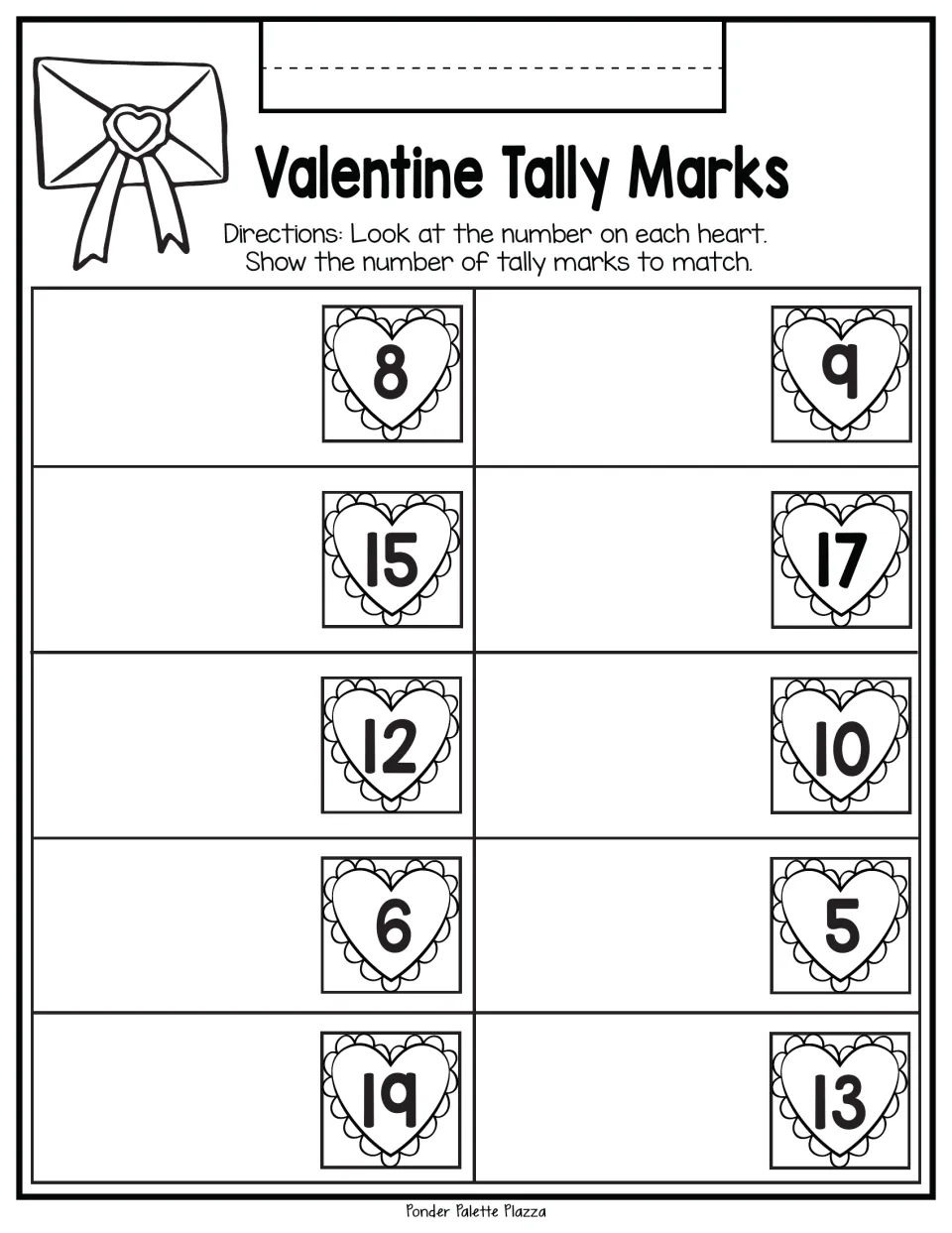Tally drawing practice: show tally marks for the numbers 8, 9, 15, 17, 12, 10, 6, 5, 19, and 13.
