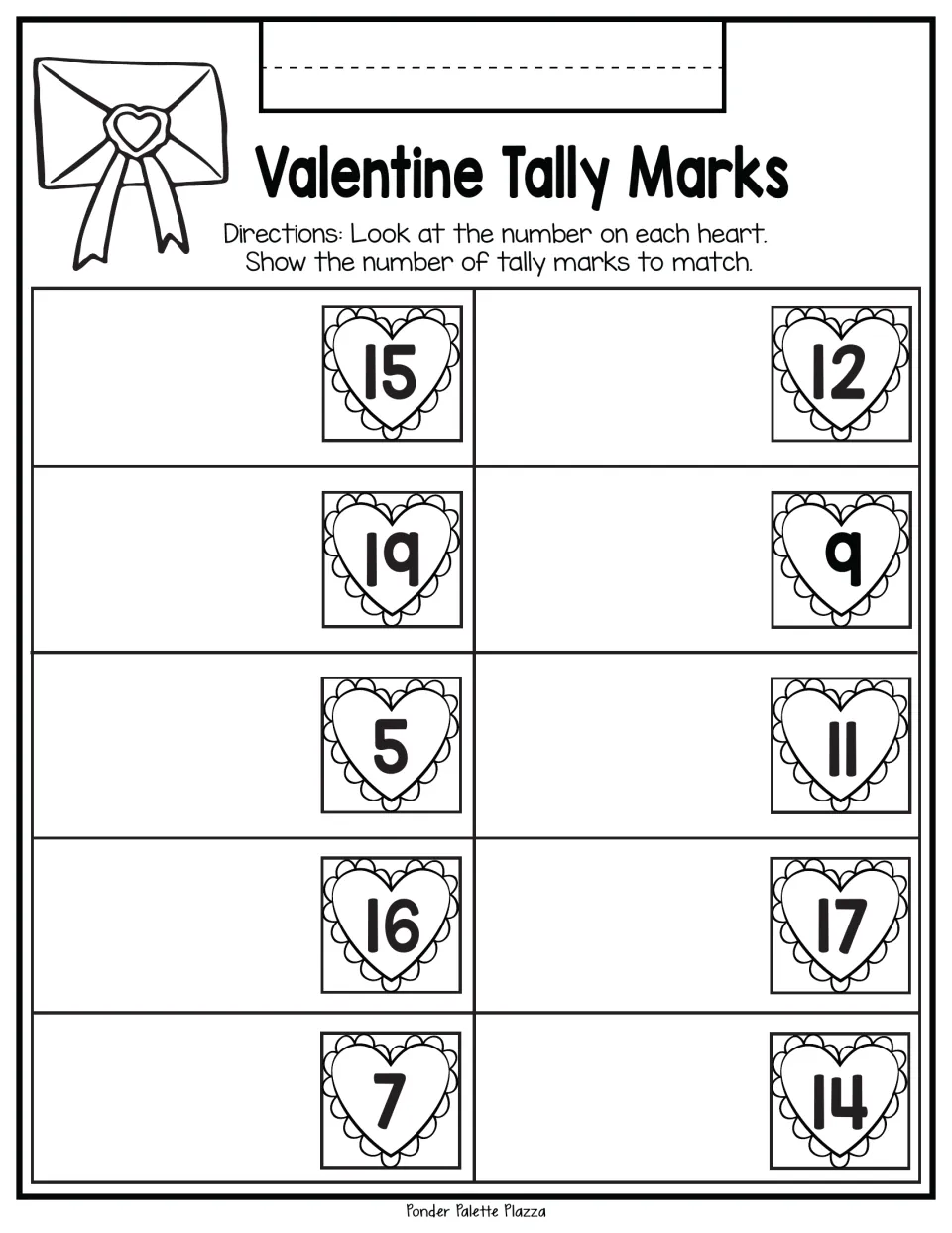 Tally drawing practice: show tally marks for the numbers 15, 12, 19, 9, 5, 11, 16, 17, 7, and 14.