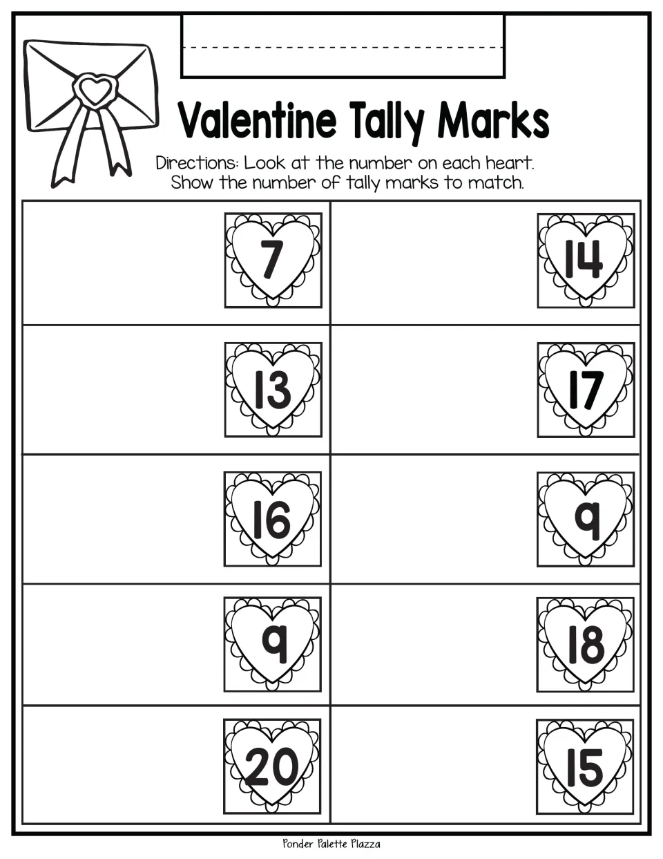 Tally drawing practice: show tally marks for the numbers 7, 14, 13, 17, 16, 9, 9, 18, 20, and 15.