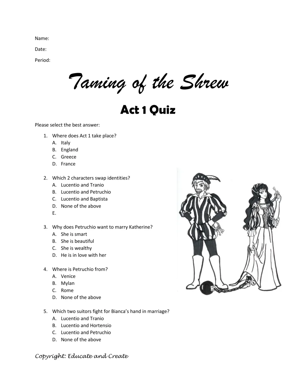 Shakespeare Act 1 quiz: five multiple-choice questions on the setting, swapped identities, Petruchio and Bianca's suitors