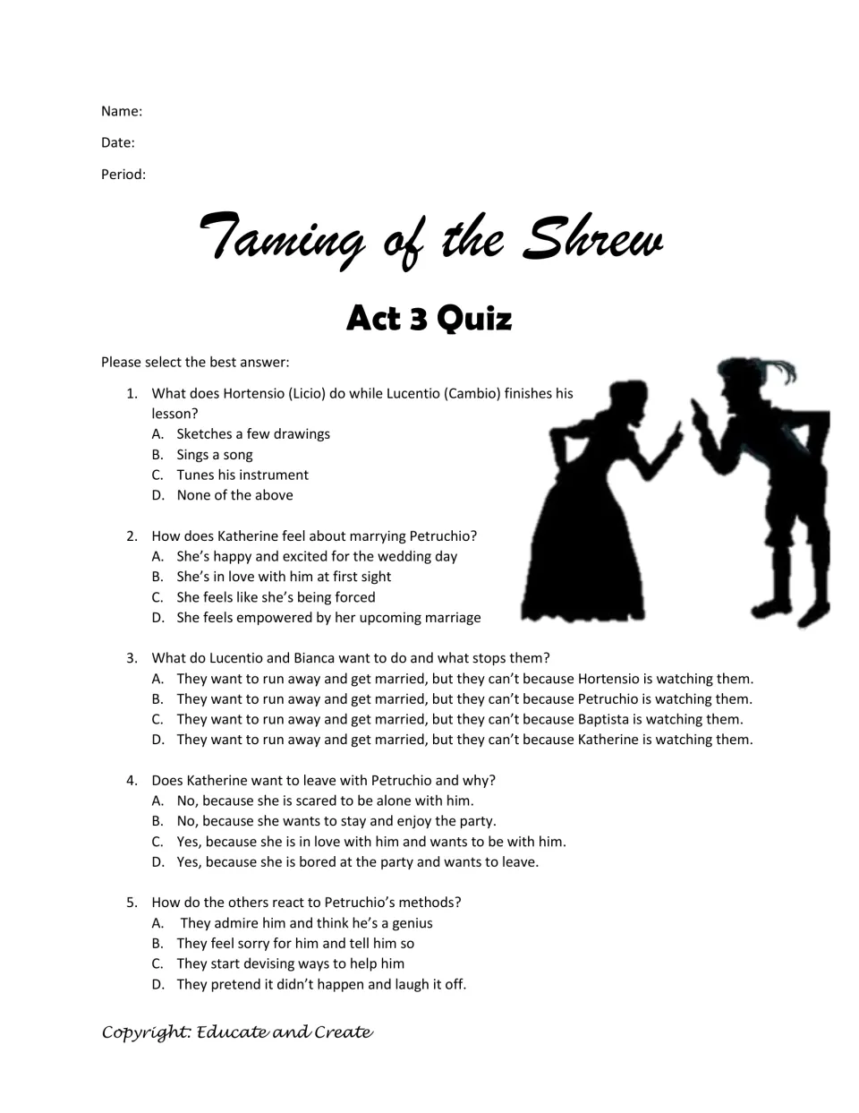 Taming of the Shrew Act 3 Quiz: students pick the best answer to 5 questions on Katherine, Petruchio and Bianca