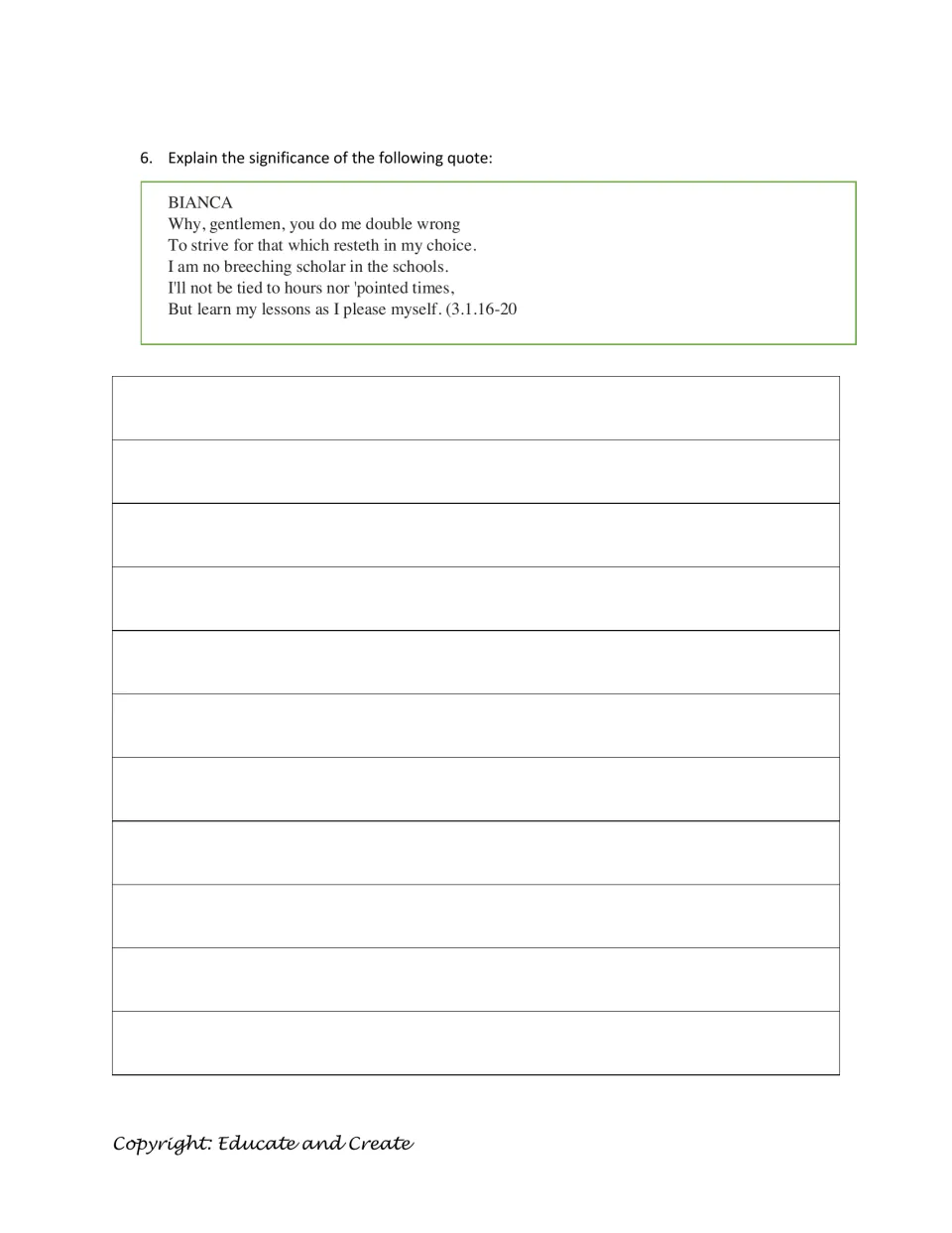 Quote analysis: students explain the significance of Bianca's lines refusing to be tied to her tutors' times (3.1.16-20)