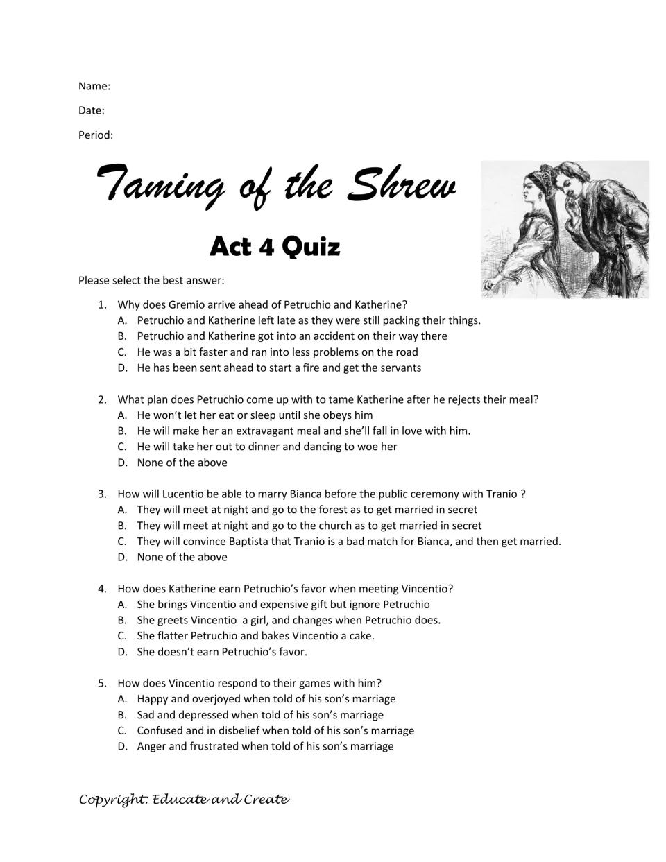 Shakespeare Act 4 quiz: five multiple-choice questions on Gremio, Petruchio's plan to tame Katherine, and Vincentio