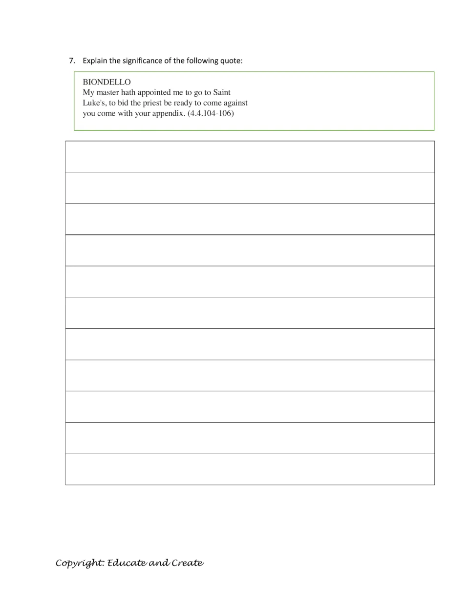 Quote analysis: students explain Biondello's lines asking the priest at Saint Luke's to be ready for 'your appendix'