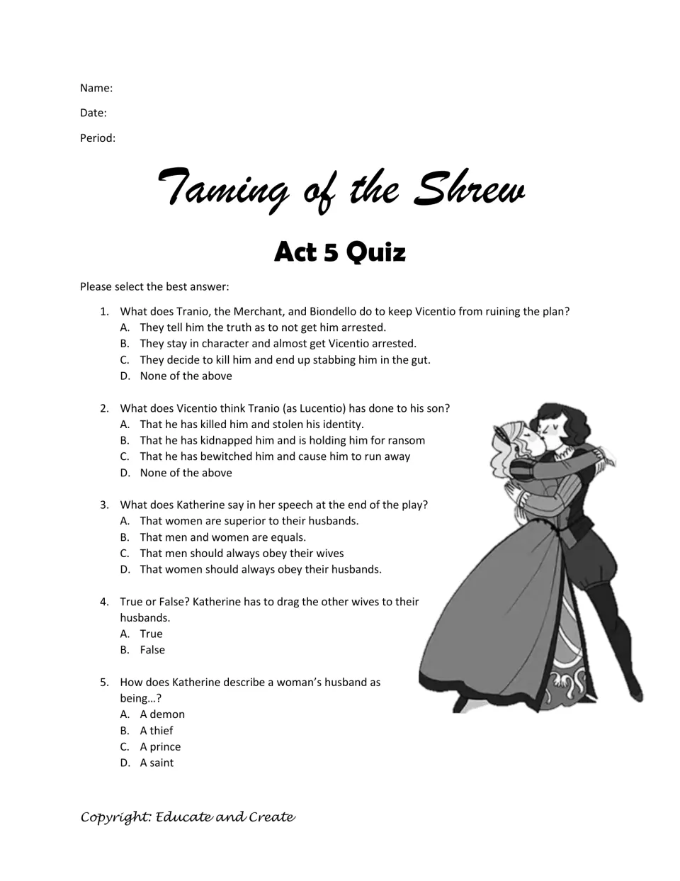 Shakespeare Act 5 quiz: five multiple-choice and true/false questions on Vicentio, Tranio and Katherine's final speech