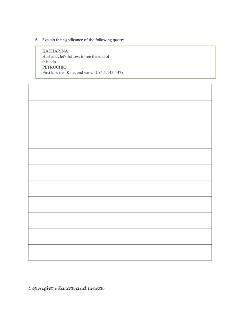 Quote analysis: students explain the significance of Katharina and Petruchio's 'First kiss me, Kate' exchange (5.1.145-147)
