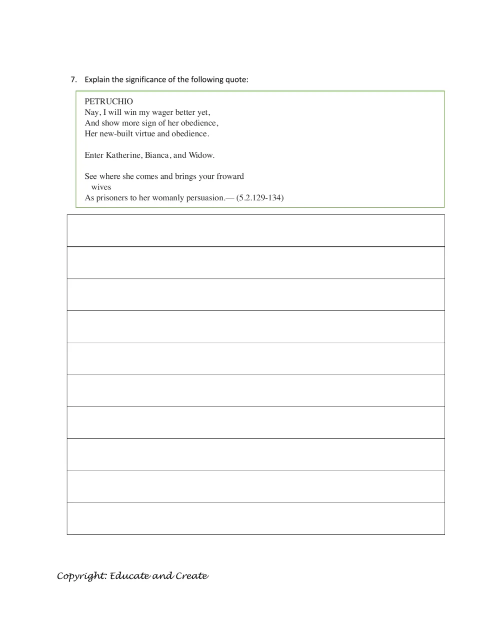 Quote analysis: students explain Petruchio's lines about winning his wager as Katherine brings in Bianca and the Widow (5.2)