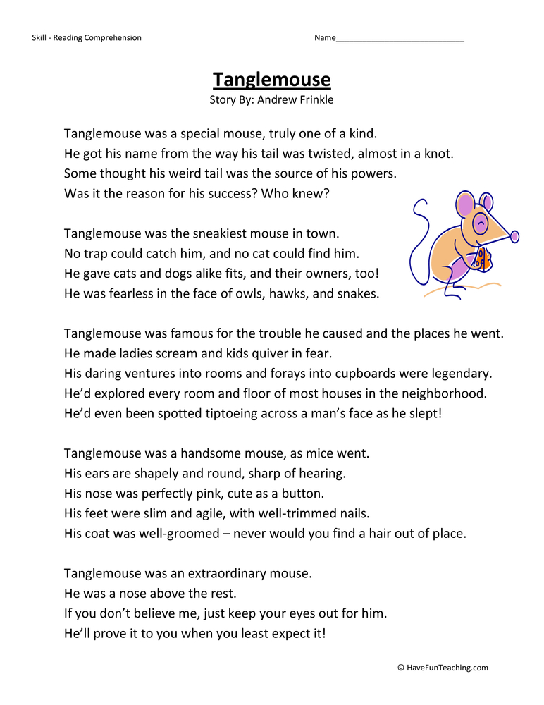 Tanglemouse Reading Comprehension Worksheet teaching resource preview