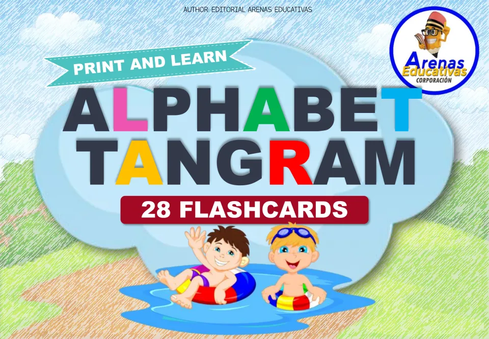 Alphabet Tangram cover labeled 'Print and Learn' and '28 Flashcards,' introducing the letter card set