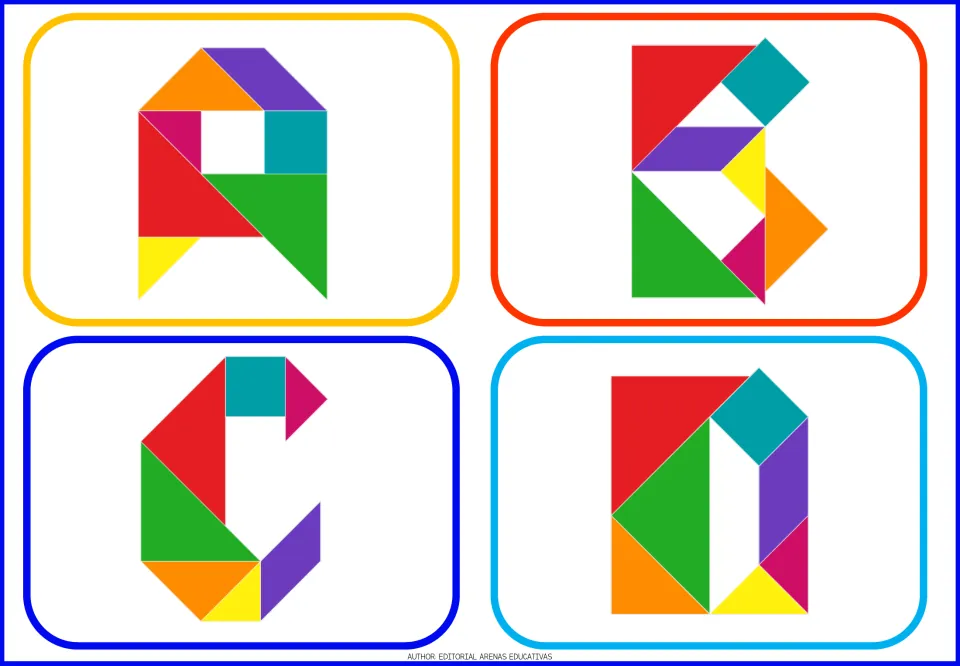 Alphabet tangram flashcards A, B, C, and D, each showing an uppercase letter formed from colorful shapes