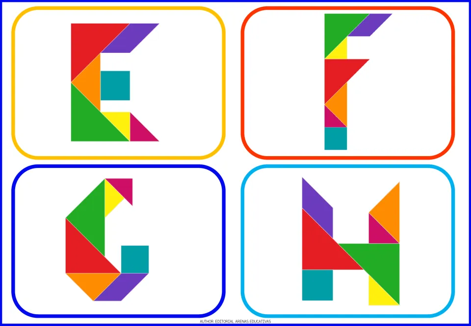 Alphabet tangram flashcards E, F, G, and H, each showing an uppercase letter formed from colorful shapes