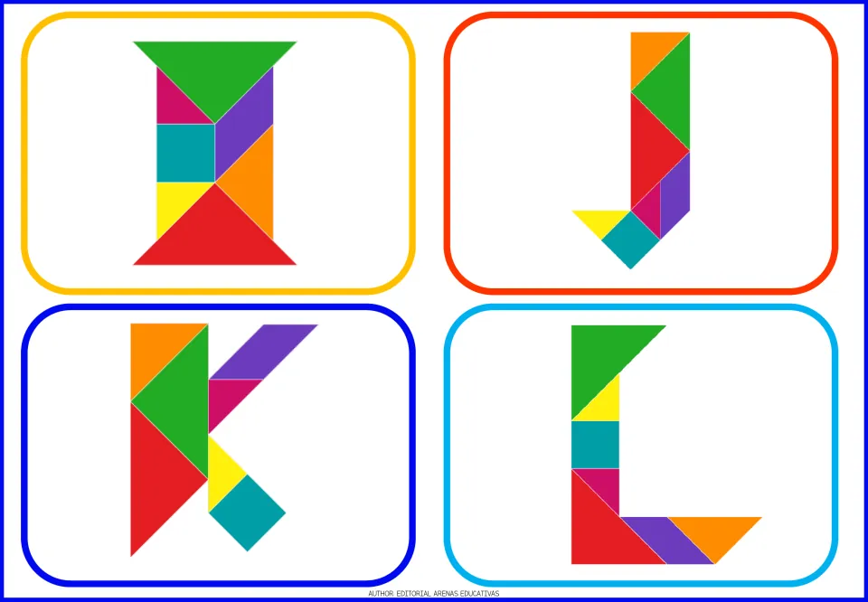 Alphabet tangram flashcards I, J, K, and L, each showing an uppercase letter formed from colorful shapes