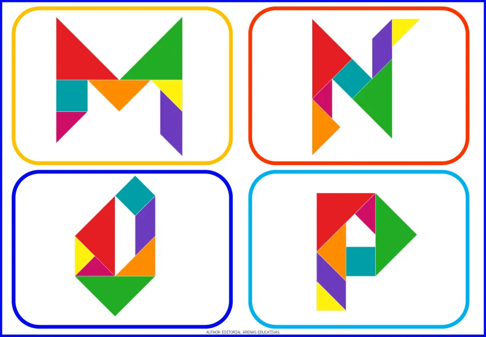 Alphabet tangram flashcards M, N, O, and P, each showing an uppercase letter formed from colorful shapes