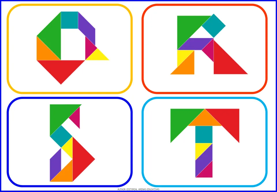Alphabet tangram flashcards Q, R, S, and T, each showing an uppercase letter formed from colorful shapes