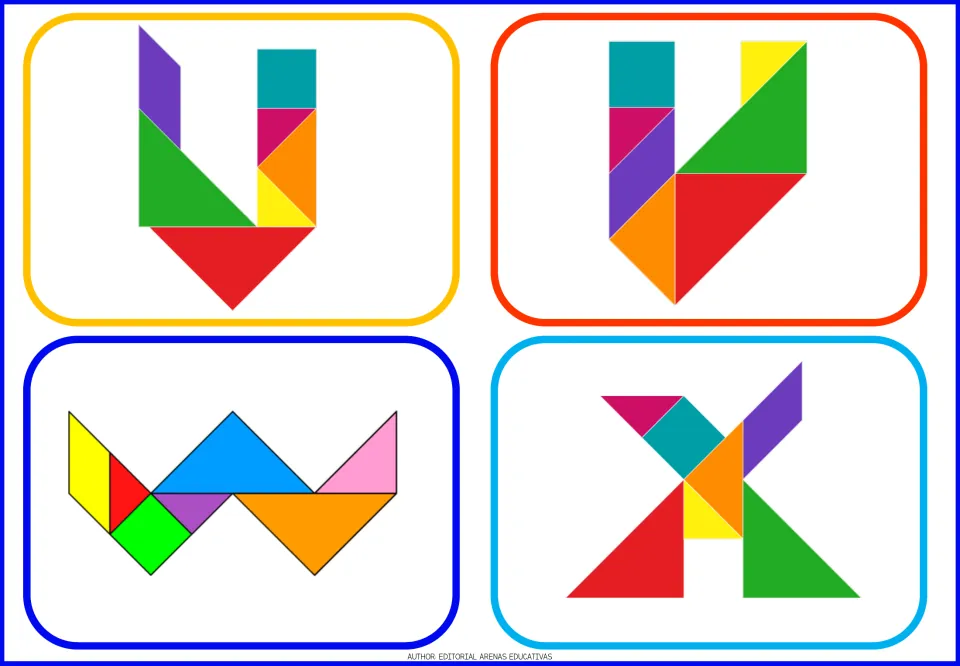 Alphabet tangram flashcards U, V, W, and X, each showing an uppercase letter formed from colorful shapes