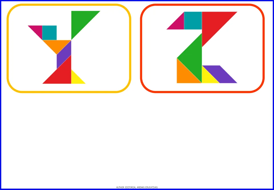 Final alphabet tangram flashcards Y and Z, each showing an uppercase letter formed from colorful shapes