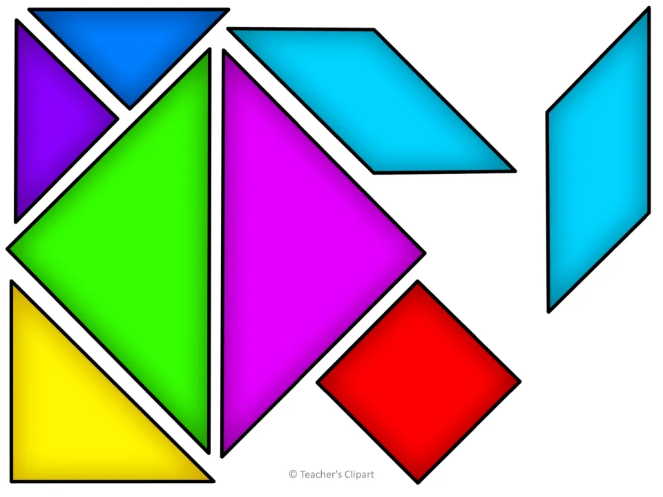 Colored tangram piece sheet for math, logic, and art: five triangles, one square, and two parallelograms