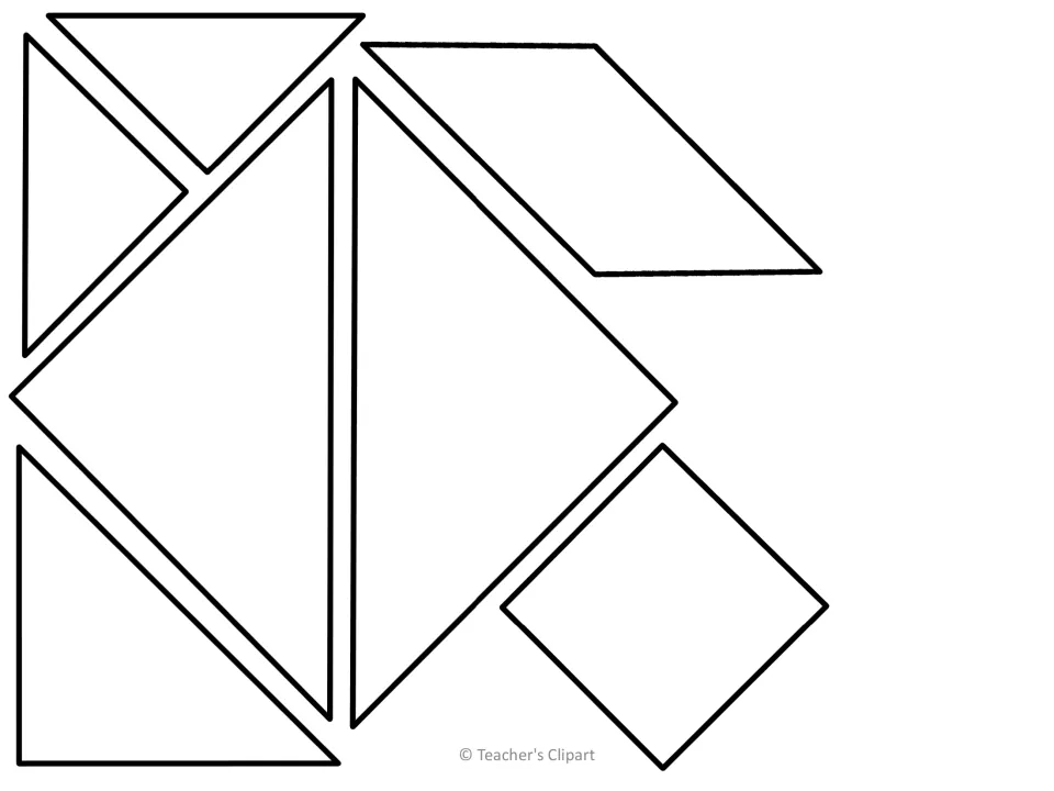 Outline tangram piece sheet for math, logic, and art: five triangles, one square, and one parallelogram