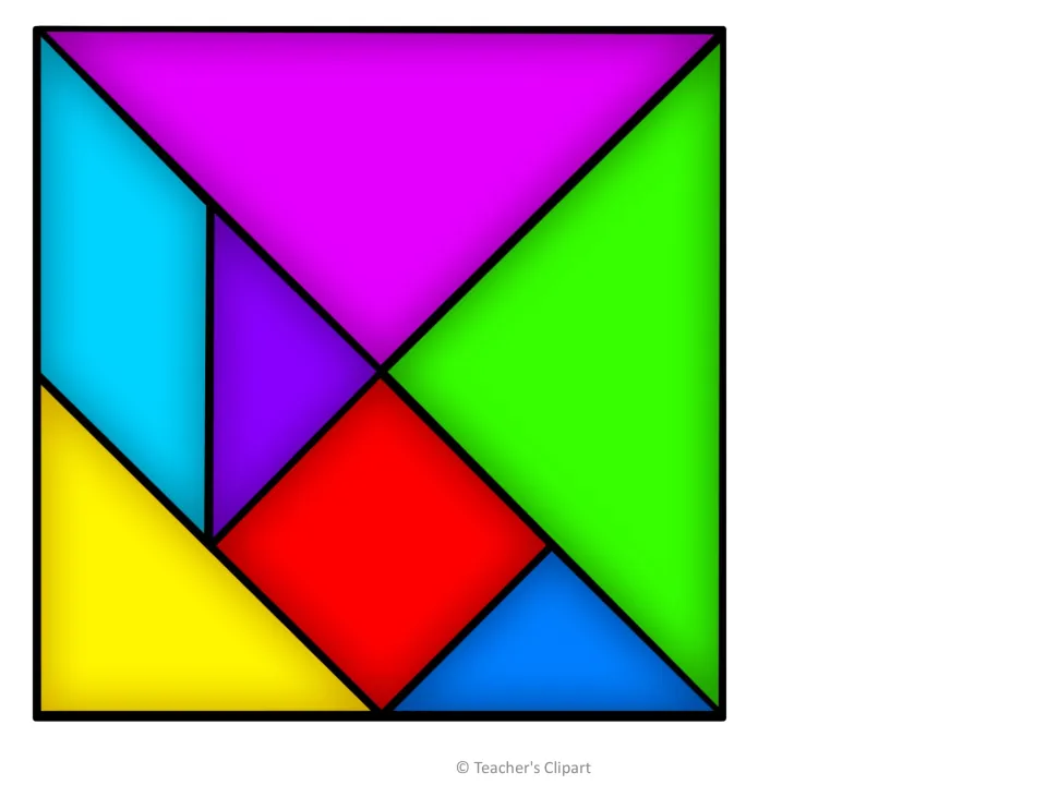 Assembled tangram square showing seven colored pieces, with large magenta and green triangles at top and right