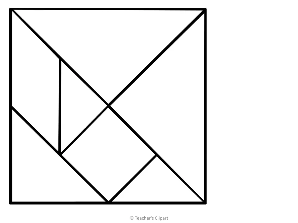 Assembled tangram square in outline, showing how five triangles, a square, and a parallelogram fit together