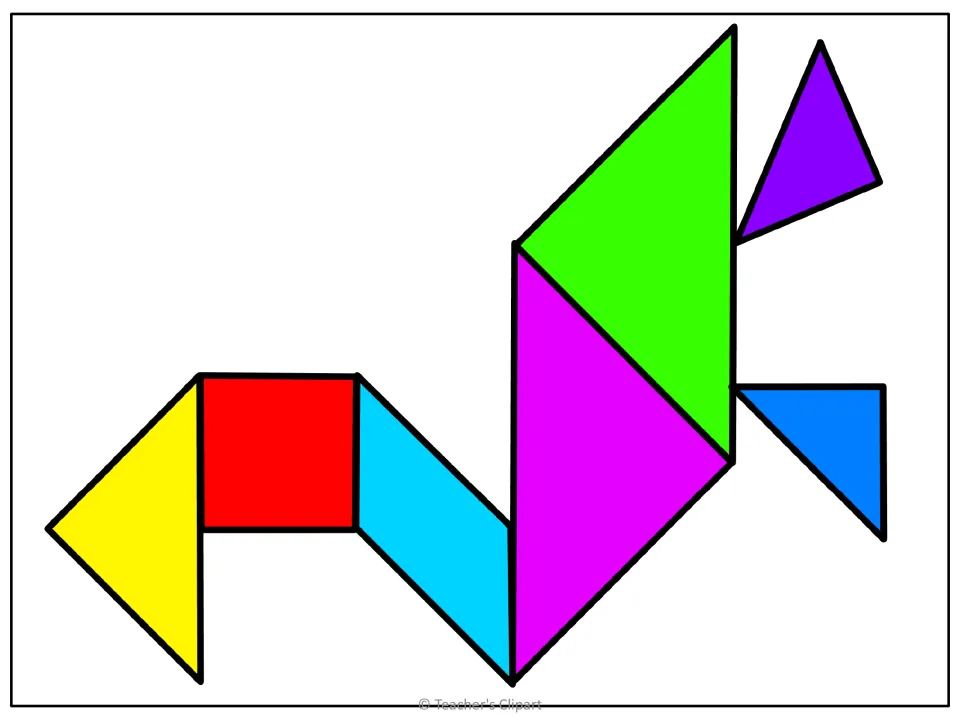 First colored tangram puzzle arrangement, with a red square at left and two large triangles rising at right