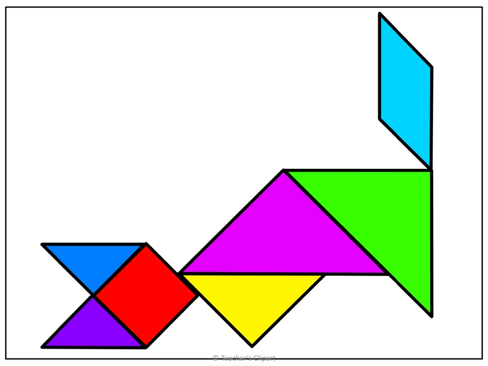 Second colored tangram puzzle arrangement, with a red square at lower left and a cyan parallelogram above