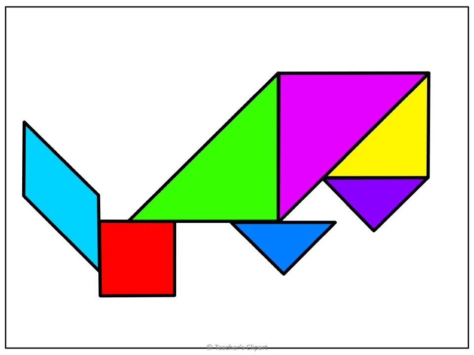 Third colored tangram puzzle arrangement, with a cyan parallelogram at left and a blue triangle underneath