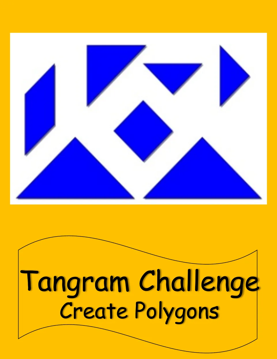 Tangram Challenge: Create Polygons cover showing the seven blue tangram pieces, including two large triangles and a square
