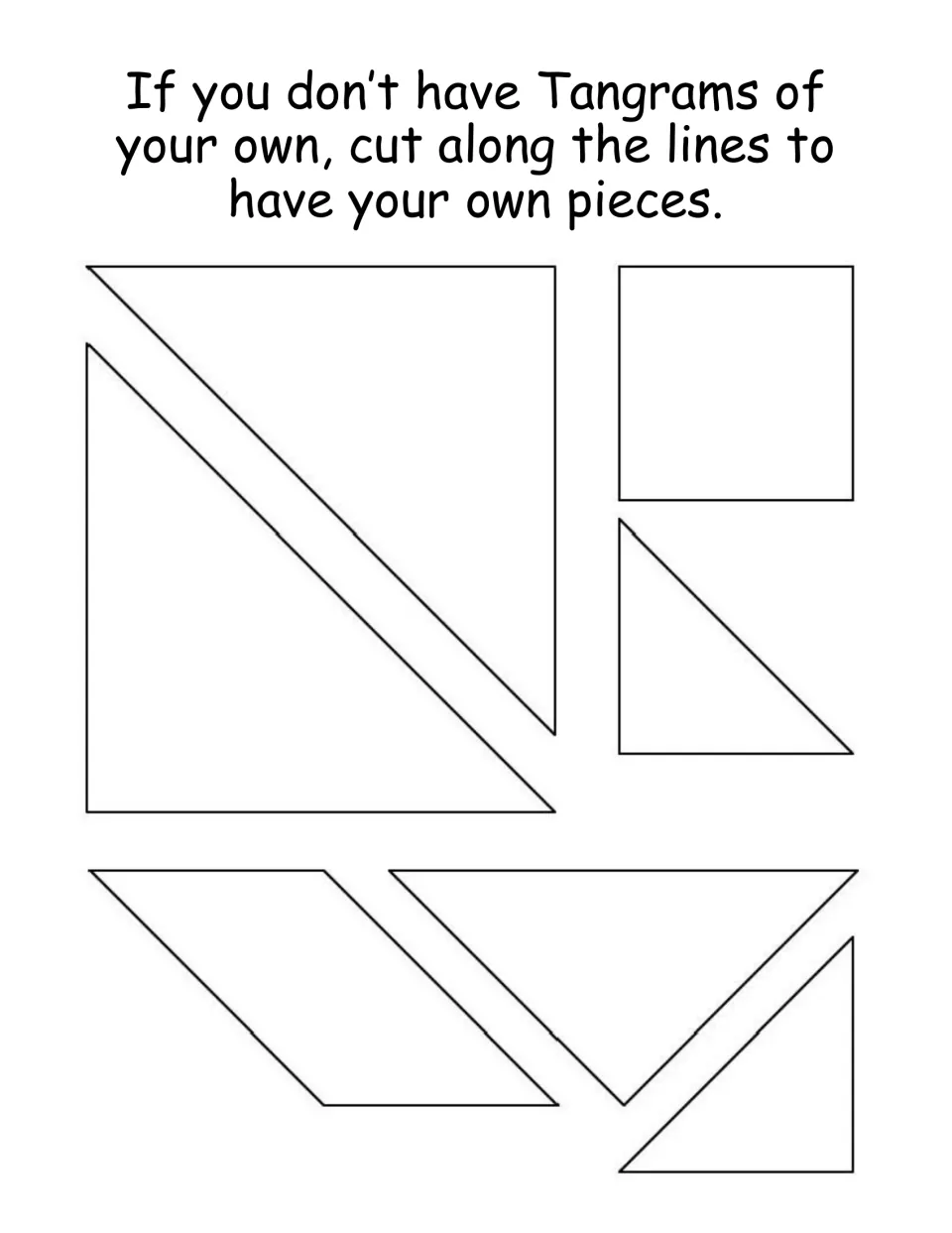 Printable tangram set: students cut out seven pieces, including a square, parallelogram and five triangles