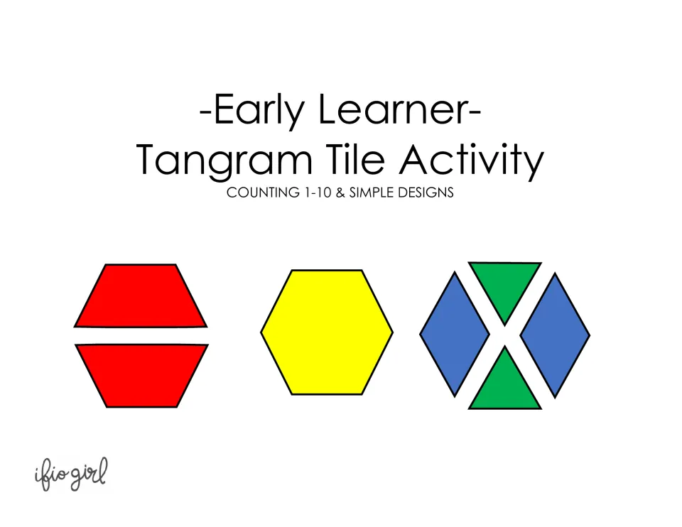 Early Learner tangram tile cover: counting 1-10 and simple designs, shown with red, yellow, blue and green pattern tiles