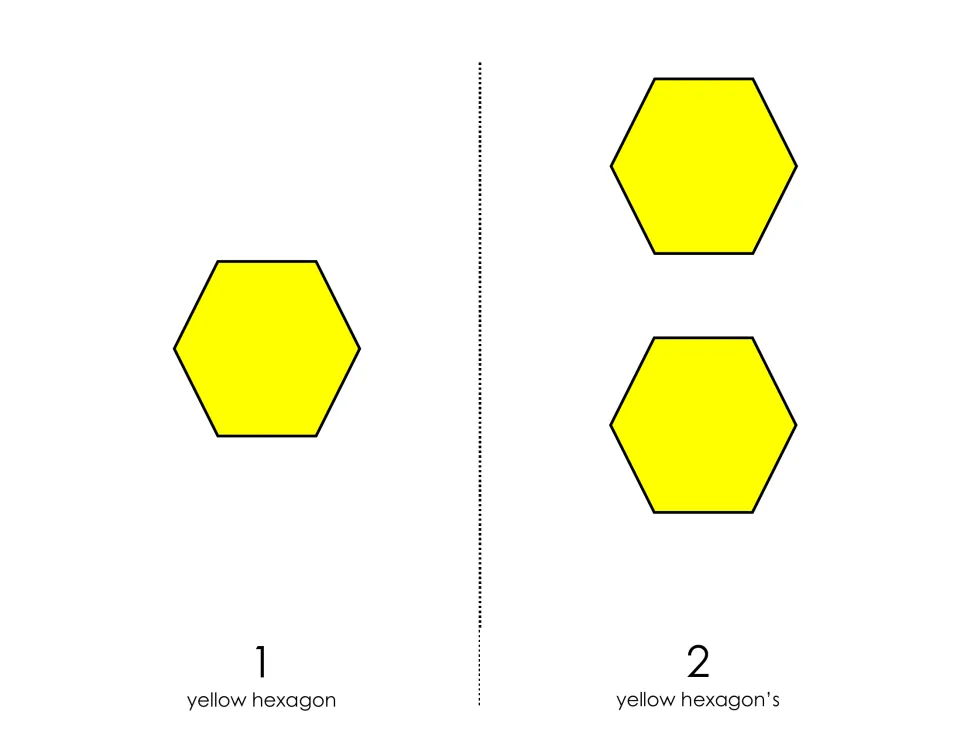 Counting mats for 1 and 2: one yellow hexagon and two yellow hexagons labeled with numerals for tile counting practice