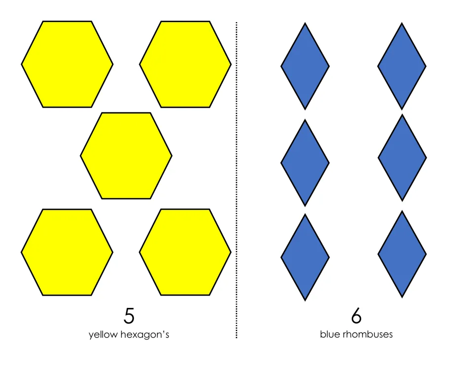 Counting mats for 5 and 6: five yellow hexagons and six blue rhombuses, each set labeled with its numeral