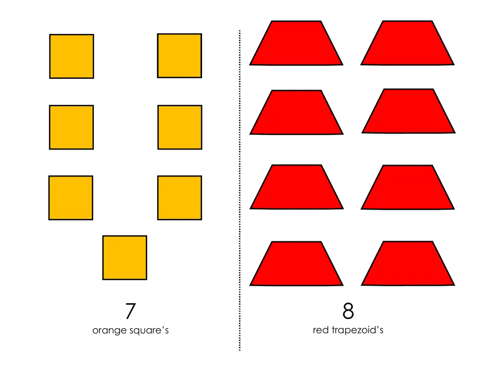 Counting mats for 7 and 8: seven orange squares and eight red trapezoids for students to count and cover with tiles