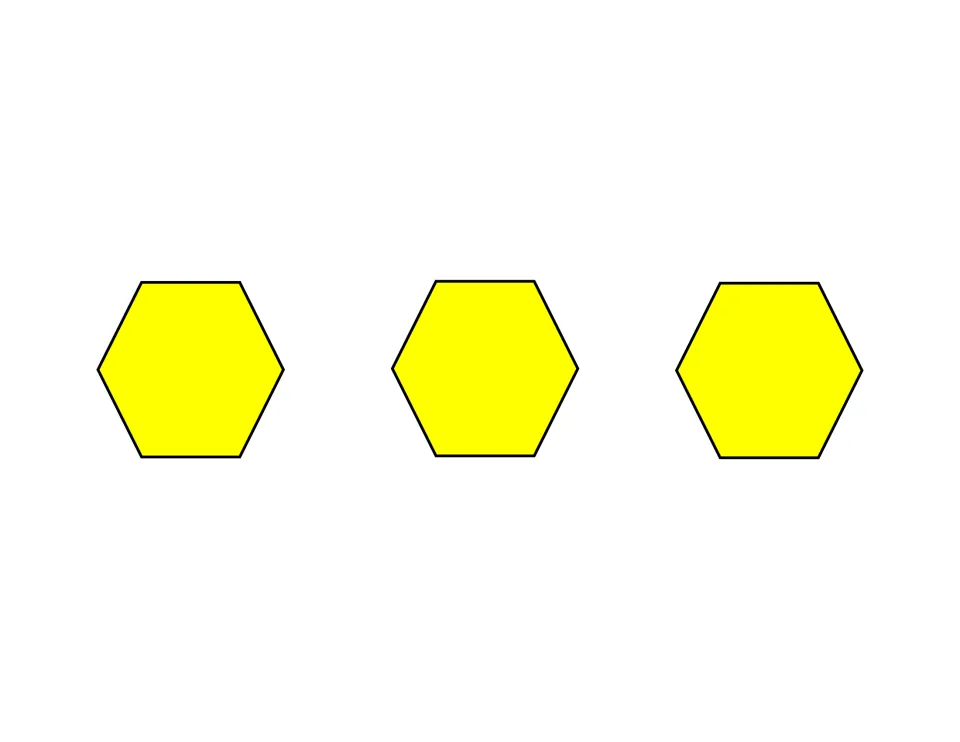 Simple design card: three yellow hexagons in a row for students to copy or cover with matching pattern tiles