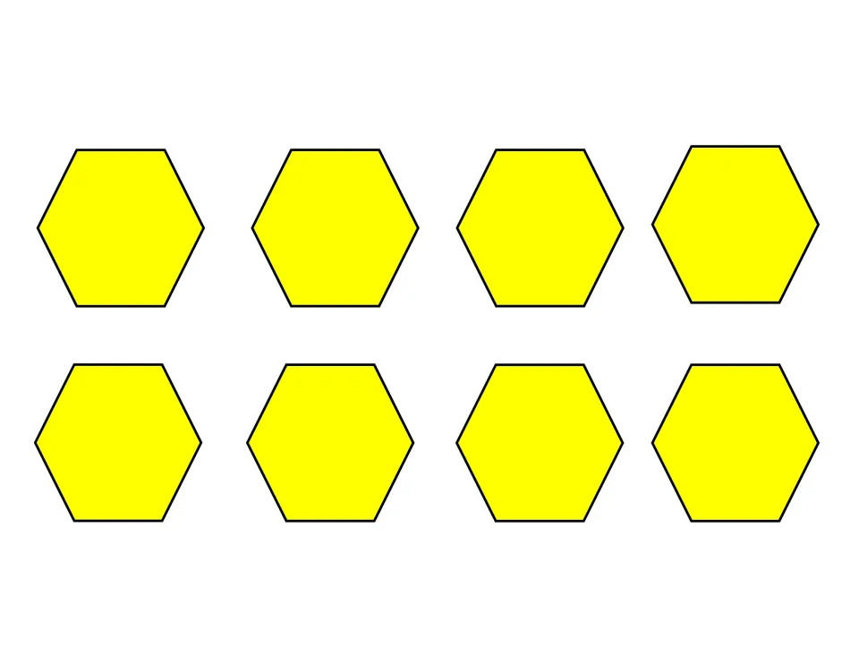 Simple design card: eight yellow hexagons in two rows of four for building the design with pattern tiles