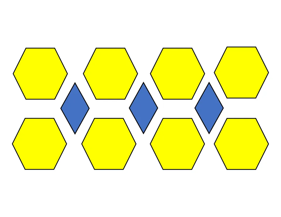 Hexagon and rhombus design: two rows of yellow hexagons with three blue rhombuses fitted in the gaps to copy with tiles